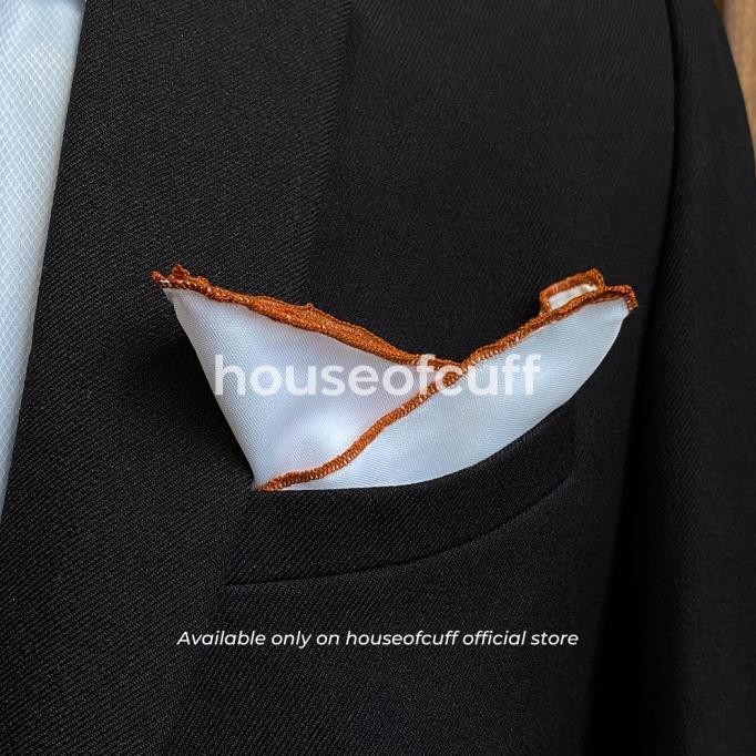 Houseofcuff pocket square handkerchief sapu tangan putih list coklat