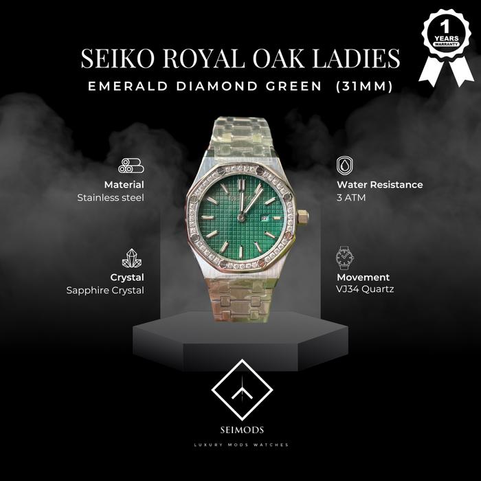 Jam Tangan Seiko Mod Royal Oak Ladies 31mm Women Diamond Green VJ34 Quartz Perempuan