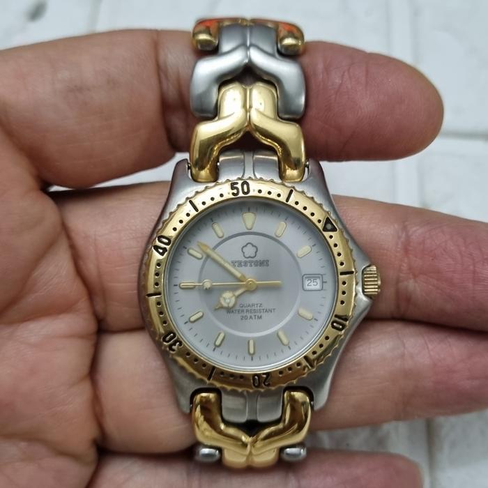 jam tangan arloji rantai kombinasi pria merk TESTONI ORI tanggal model TH LINK,GOLD PLATE VINTAGE
