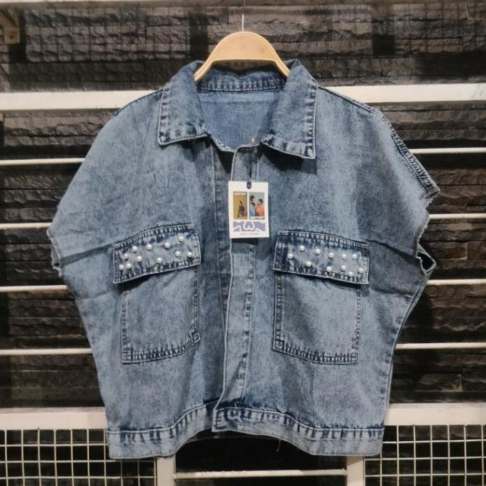 Mega Rompi Vest Jeans Oversize Wanita Jeans Gramasi 10Ons Non Stretch Aplikasi Mutiara Motek