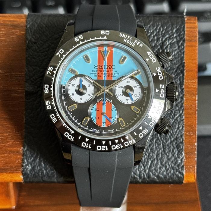 Seiko Mod Daytona Racing Blue VK63 Chronograph Stealth Black