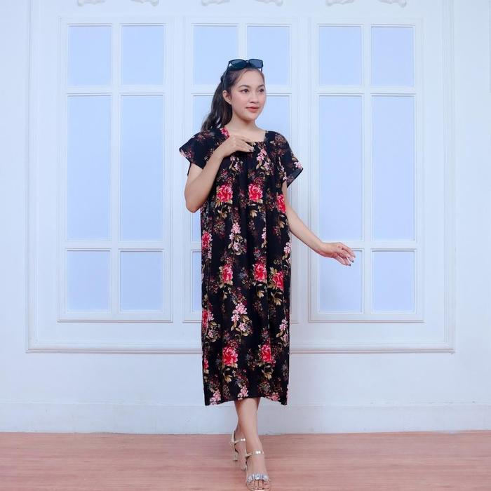 ul-64 Oh34 Baju Dress Daster Fuji Rayon Motif Bunga Kekinian Wanita Jumbo Dewasa Terbaru Busui Remaj