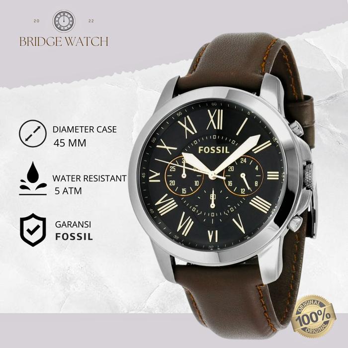 Jam Tangan Pria Fossil Grant FS4813 Chronograph Black Dial Brown Leather Strap Casual Original