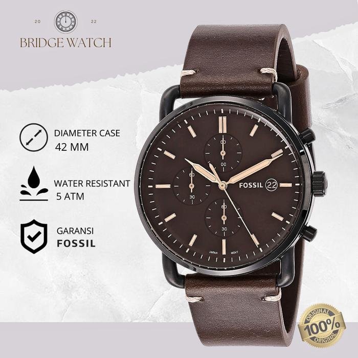 Jam Tangan Pria Fossil FS5403 The Commuter Chronograph Brown Leather Strap Kulit Coklat Casual Origi