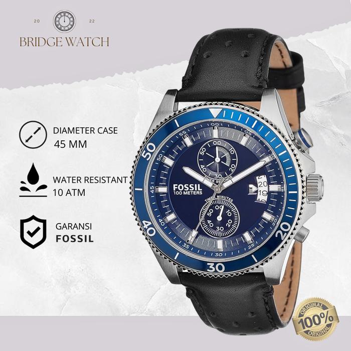 Jam Tangan Pria Fossil Wakefield CH2945 Chronograph Blue Dial Black Leather Strap Kulit Hitam Sporty