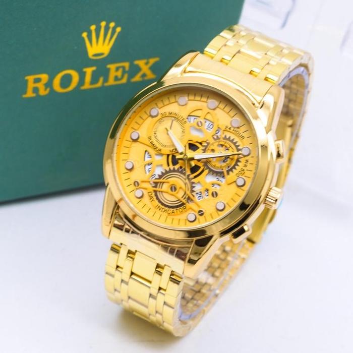 TERLARIS Promo Jam Tangan Pria Rolex Plat Gerigi Fashion Tali Rantai Premium Tanggal Aktif Free Box 