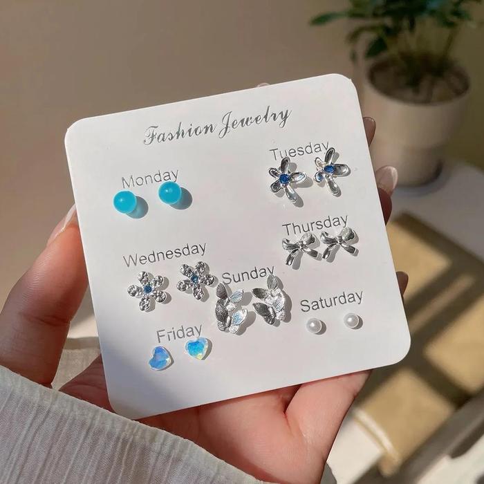 Sea Blue Bean Geometry Of Week Ear Stud Set Silver Needle Small And Exquisite Flowers Butterfly Earr