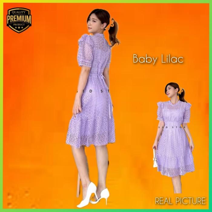 Gaun Korea Dress Wanita Lisha TM1268 Brocade Crochet Baby Lilac