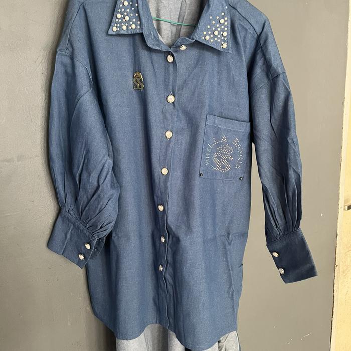 Preloved Kemeja Tunik Denim Shella Saukia Lengan Balon Oversize Medium Blue