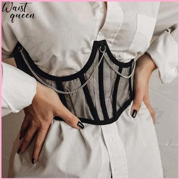 【WaistQueen.id】Sexy Corset Underbust Punk Metal Chain Black Women Top Curve Shaper Strap Slimming Hi