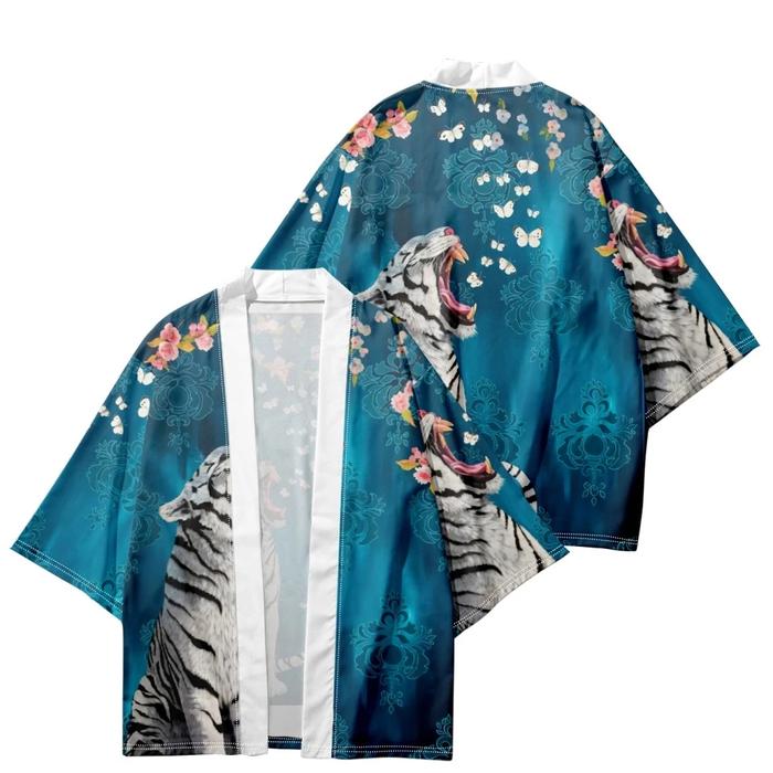 loose casual blue tiger print stretch polyester kimono harajuku cosplay haori