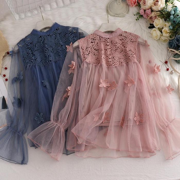 【READY】2 potong kemeja + rompi Korea longgar 3D tiga dimensi bunga renda atasan lengan panjang
