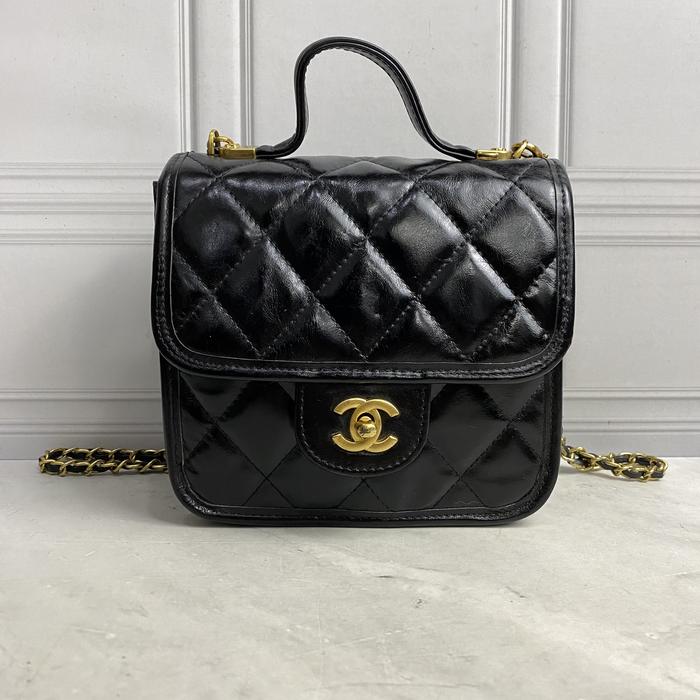 CC ChanelSchool Memory Square Top Handle Flap Bag Black Patent Leather Antique Gold Hardware