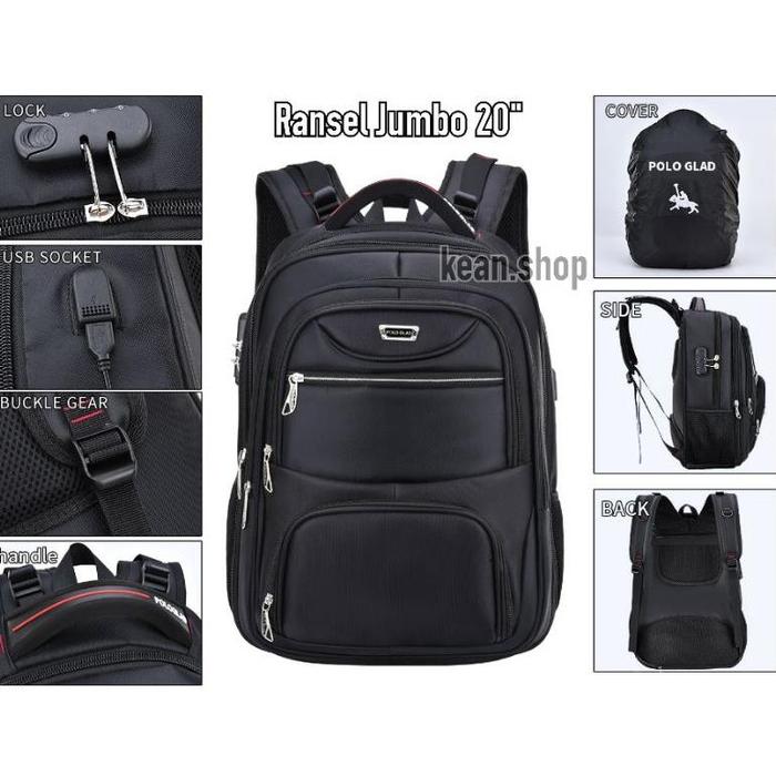 Polo Glad Tas Ransel Jumbo Pria 20 Inch Kunci Kombinasi Tas import Ransel Kerja Usb Port + Raincover