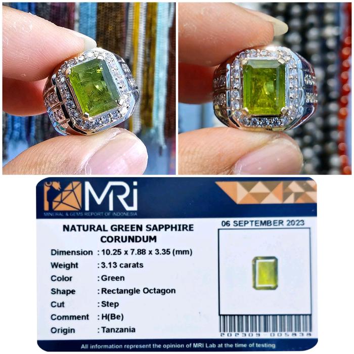 Cincin Permata Batu Natural Green Sapphire Corundum Plus Memo