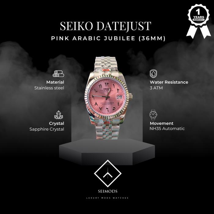Jam Tangan Seiko Mod Datejust Arabic Pink NH35 Automatic Watch Jubilee Ladies Women 36mm