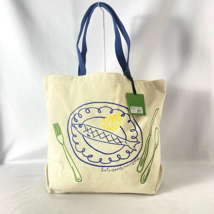 tas wanita ks fish canvas tote embroidered cream navy vj