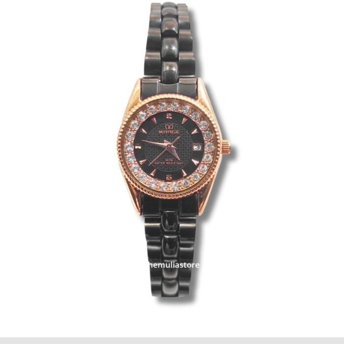 Mirage 1580 black rosegold jam tangan original
