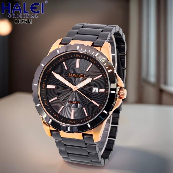 Halei 8033 m black rosegold jam tangan pria original