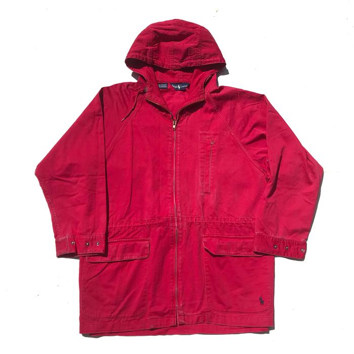 Vintage 90s Ralph Lauren RL VINTAGE Chore Jacket Hooded Red Rare size Medium duck cotton 3 button Sl