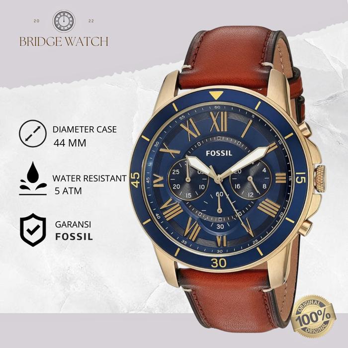 Jam Tangan Pria Fossil FS5268 Grant Chronograph Blue Dial Genuine Brown Leather Strap Kulit Coklat C