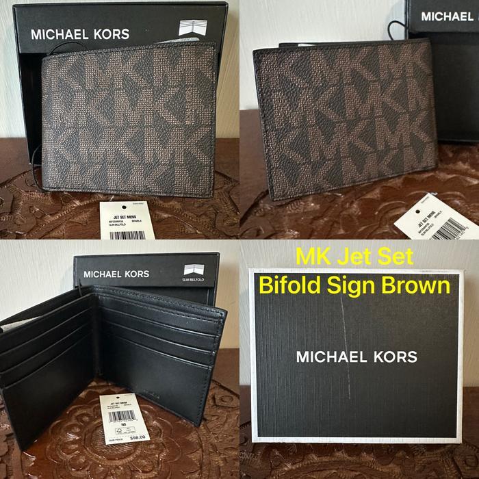 New In Box Dompet Pria MK Jet Set Slim Bifold Brown Signature Logo - Original