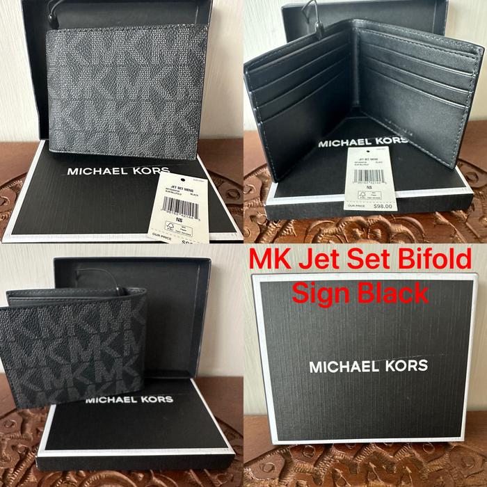 New In Box Dompet Pria MK Jet Set Slim Bifold Black Signature Logo - Original