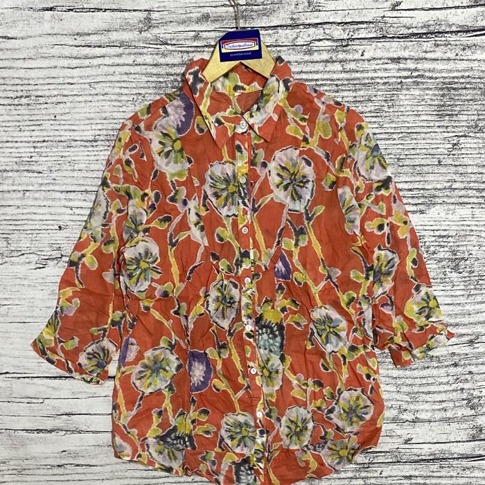 Kemeja shirt blouse blus atasan baju wanita cewek perempuan motif art bunga pantai orange fashion se