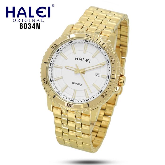 Halei 8034 gold dial putih jam tangan pria original