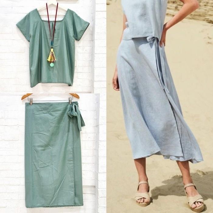 SET LINEN BLUS & ROK LILIT Katun Wanita Setelan  Panjang Rok Blus Top Casual Crop Baju Atasan Kulot 