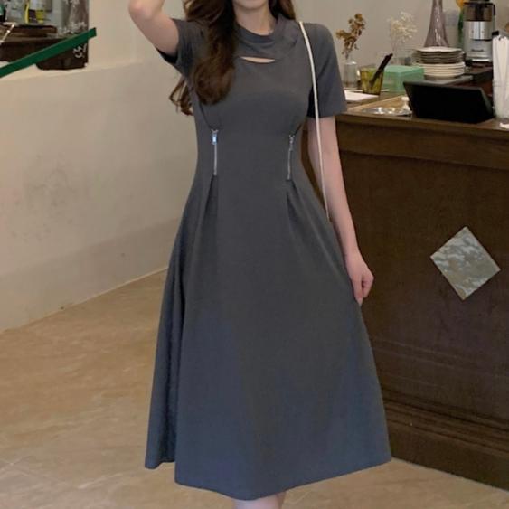 Short Sleeve Cut Out A Line Side Zipper Midi Dress 2660 (S/M/L/Xl)
