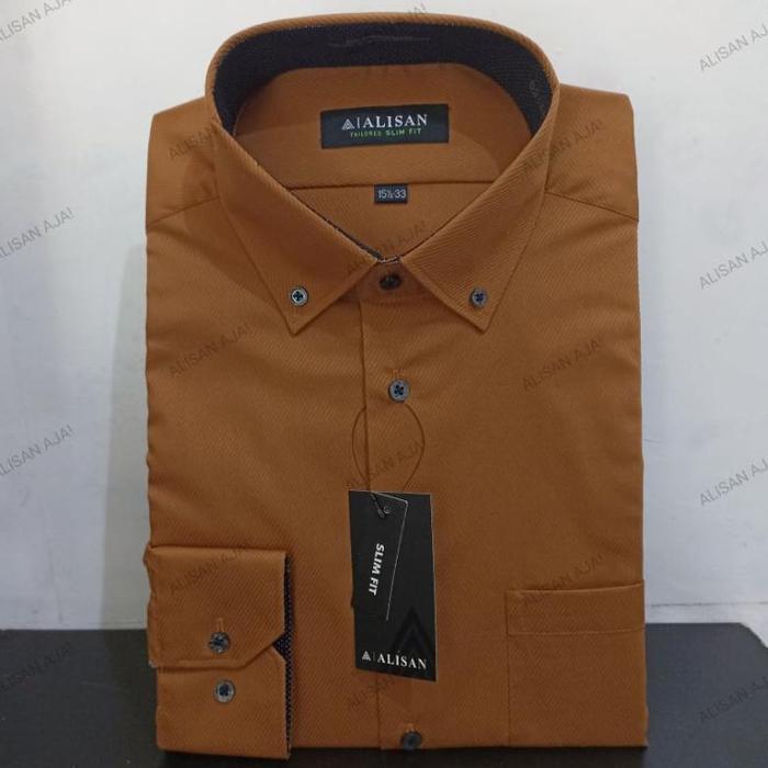 Kemeja Alisan Dobby Coklat7 Kombinasi Dalam Hitam Bintik Panjang Slimfit