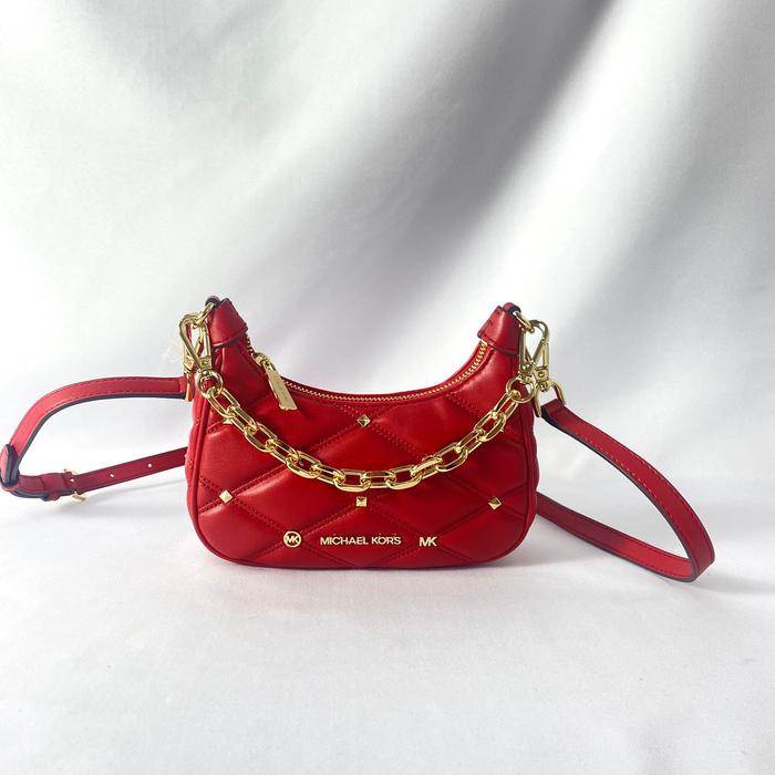 tas wanita mk cora studs mini zip pouchette bright red vj
