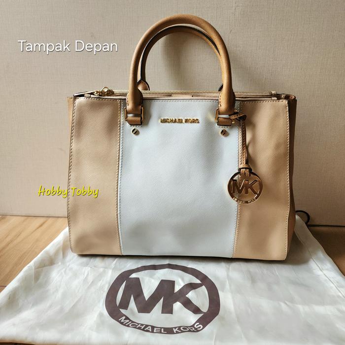 MICHAEL KORS  SUTTON CENTER STRIPE LG Satchel Leather Bag - Nude White / Peanut