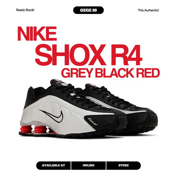 Nike Shox R4 Grey Black Red 100% Sneakers Casual Pria Wanita
