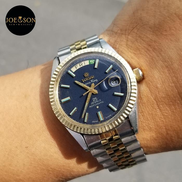 70s Vintage Titoni Cosmo King cosmoking President day date 14k RIM Blue dial Two Tone yellow gold ro