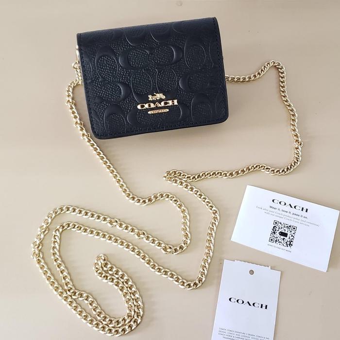 Tas Kartu Wanita Coach ORIGINAL USA Sign Leather Mini Wallet on Chain Embossed AUTHENTIC STORE