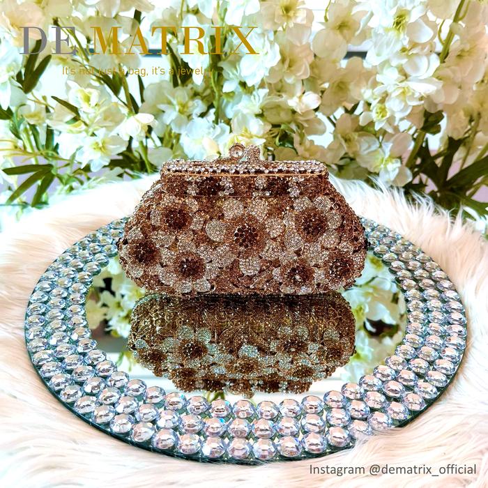 Tas Pesta Wanita Party Clutch Swarovski Crystal batu kristal bunga Festie Queen kembang coklat gold 