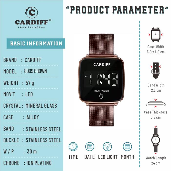 WTT CARDIFF Jam tangan LED touch screen sport pria wanita 8009 Stainless Rantai Tahan Air unisex