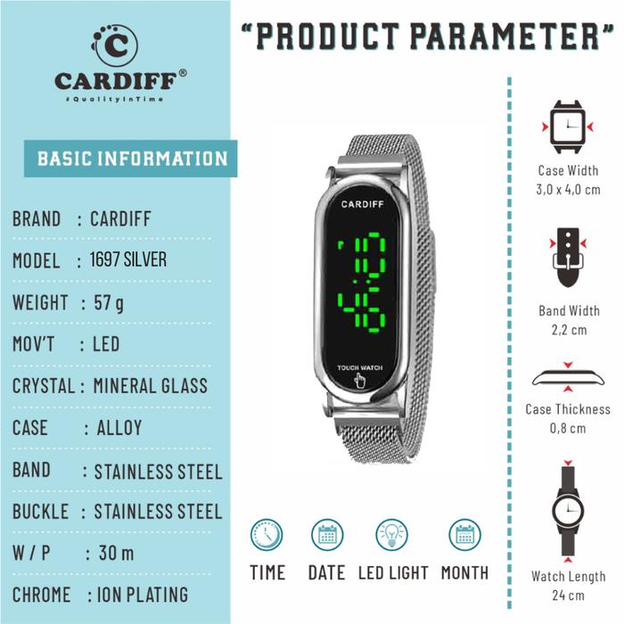 WTT CARDIFF Jam tangan LED touch screen sport pria wanita 1697 Stainless Rantai Tahan Air unisex