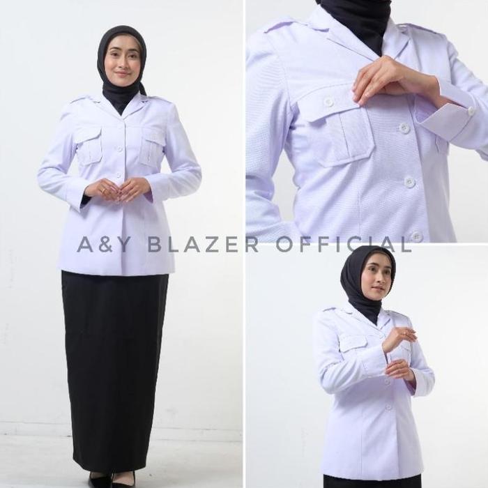 df-8 CQ37 Me41 [09] A&Y Blazer Baju Seragam Saku Dada Pdh Guru / Pns Wanita Warna Khaki Tua & Putih 