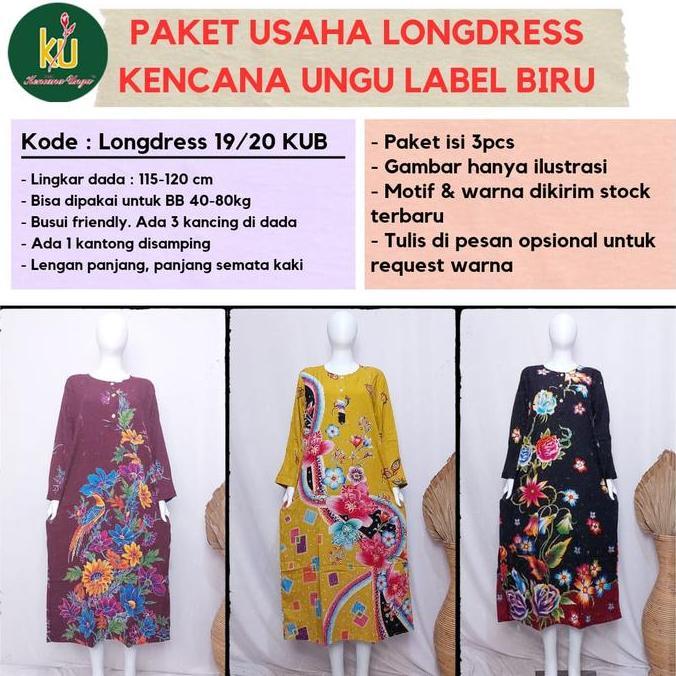 Bundle Isi 3Pcs Longdress Kencana Ungu Label Biru | Paket Usaha Daster Panjang Panjang Termurah In S