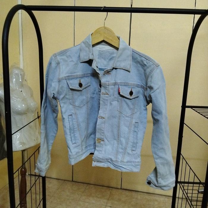 jaket denim jeans biru muda tebal wanita lengan panjang kancing depan outer
