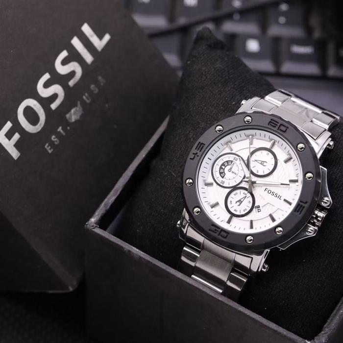Jam Tangan Pria FOSSIL F8114 Original Tggl Crono Rantai stainless