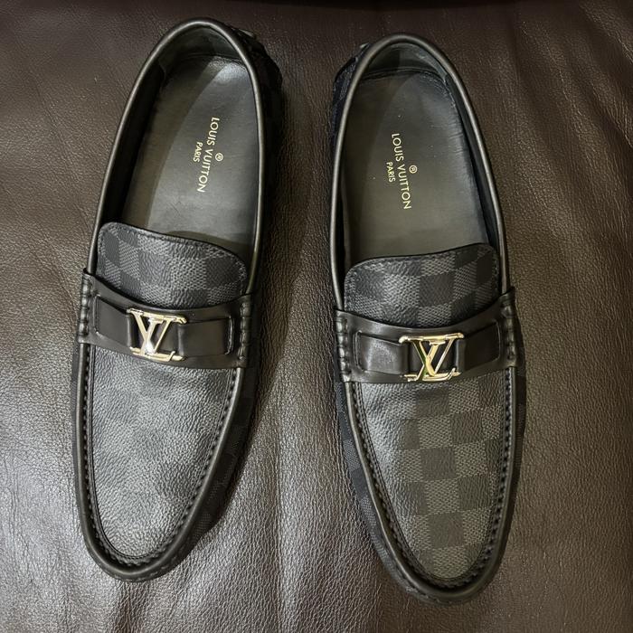 sepatu Louis Vuitton pria Damier Graphite Canvas LV Hockenheim Mocassin loafers driver 100% authenti