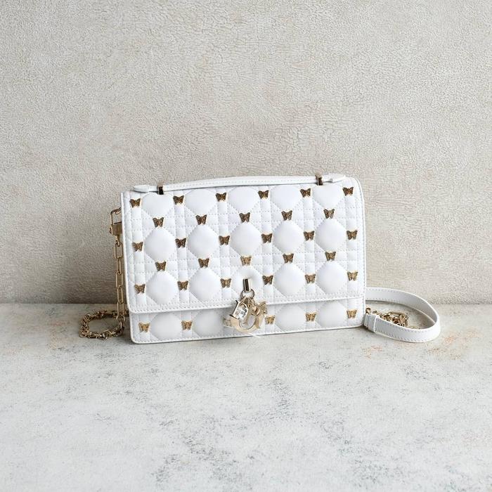 READY RARE PIECE!   My Dior Top Handle Bag in White Cannage with Gold- Finish Butterfly studs