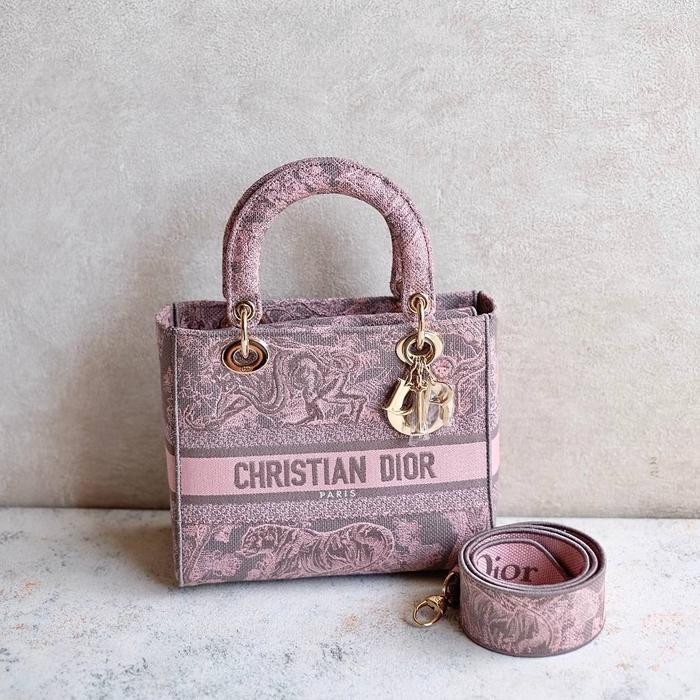 READY !  Medium Lady Dior DLite Bag in Gray and Pink Toile de Jouy Reverse Embroidery