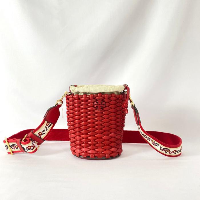 tas wanita tb emerson woven mini bucket bag bright red vj