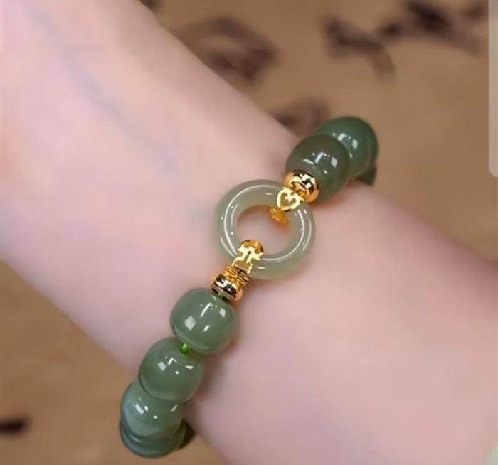 Gelang Giok Hijau Berlapis Emas Gelang Giok Cina Impor Asli Gelang Keamanan Manik-manik Dzi Estetika