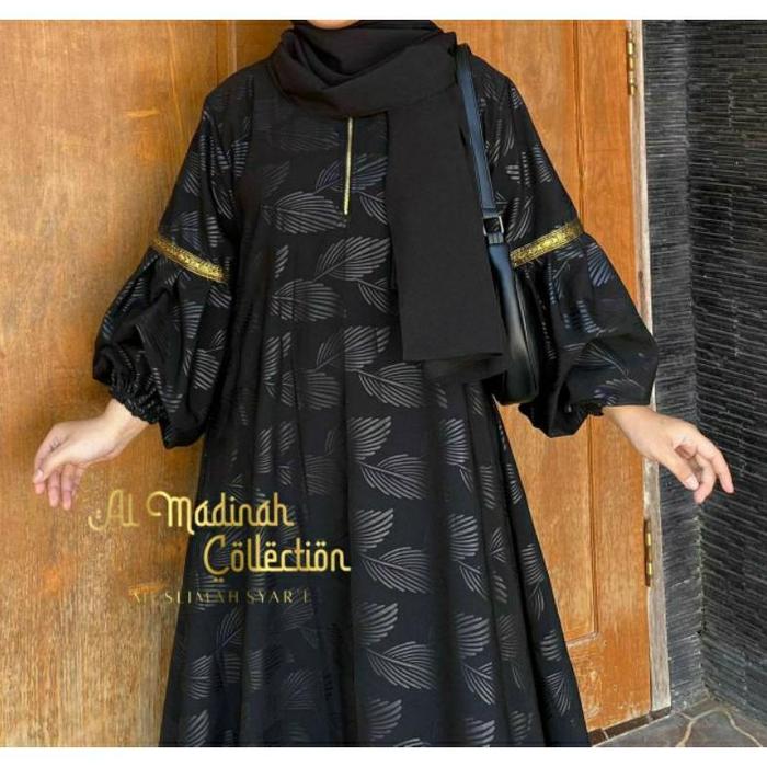 Abaya Shiva/Abaya Embos Lengan Balon Temboro Wolfis Hitam Full Motif Gamis Muslim Wanita